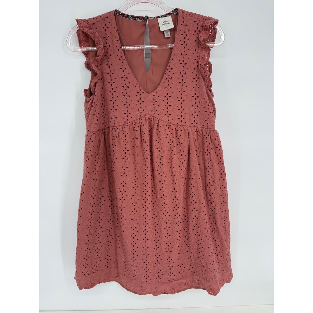 Knox Rose Womens Eyelet Mini Dress Terracotta Rose V-Neck Ruffle Boho XS